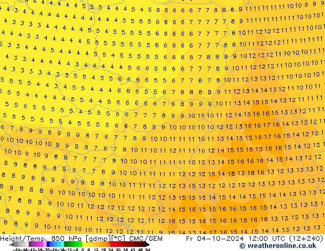 Geop./Temp. 850 hPa CMC/GEM vie 04.10.2024 12 UTC