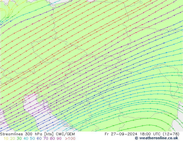 Streamlines 300 hPa CMC/GEM Fr 27.09.2024 18 UTC