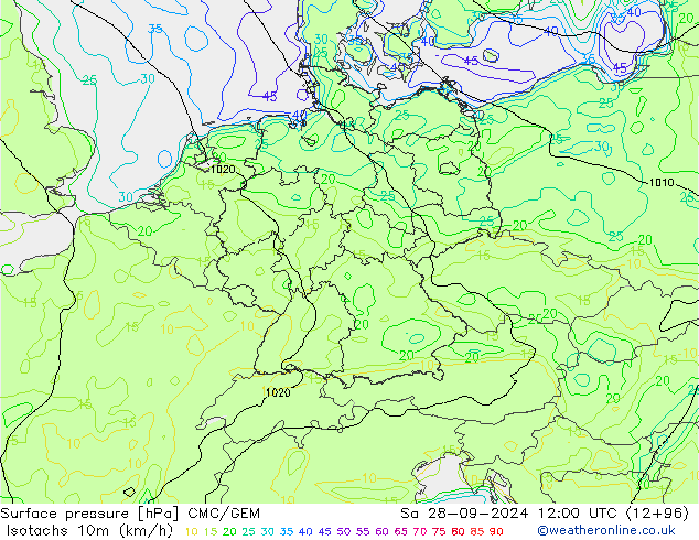 Isotachs (kph) CMC/GEM Sa 28.09.2024 12 UTC