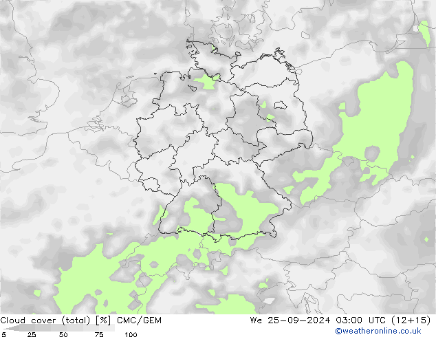 Cloud cover (total) CMC/GEM We 25.09.2024 03 UTC