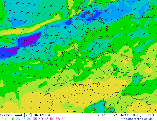 Surface wind CMC/GEM Fr 27.09.2024 00 UTC