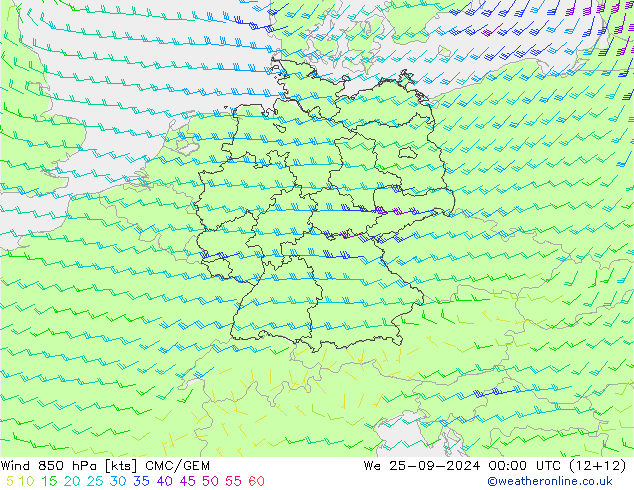 Wind 850 hPa CMC/GEM Mi 25.09.2024 00 UTC