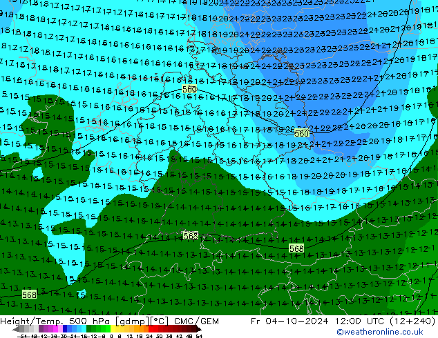 Height/Temp. 500 гПа CMC/GEM пт 04.10.2024 12 UTC