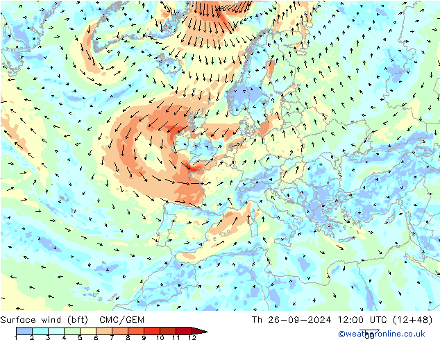 Viento 10 m (bft) CMC/GEM jue 26.09.2024 12 UTC