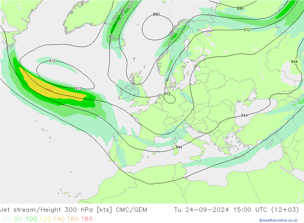 Jet stream/Height 300 hPa CMC/GEM Tu 24.09.2024 15 UTC