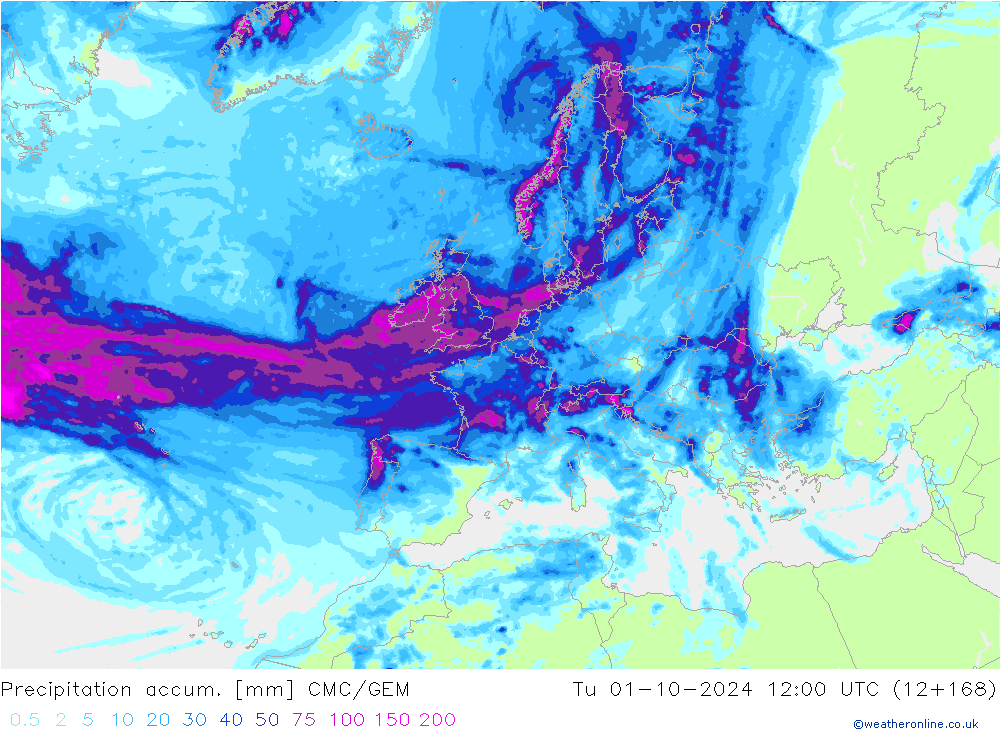 Precipitation accum. CMC/GEM Ter 01.10.2024 12 UTC