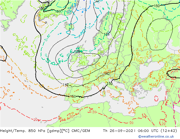 Height/Temp. 850 гПа CMC/GEM чт 26.09.2024 06 UTC