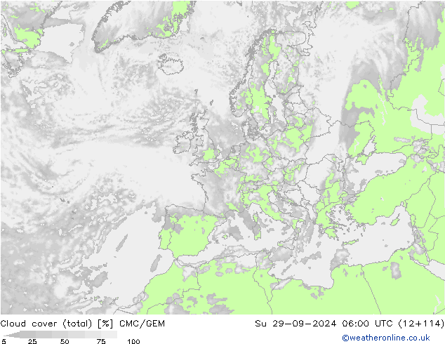 Cloud cover (total) CMC/GEM Su 29.09.2024 06 UTC