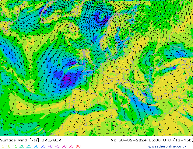 Vento 10 m CMC/GEM lun 30.09.2024 06 UTC