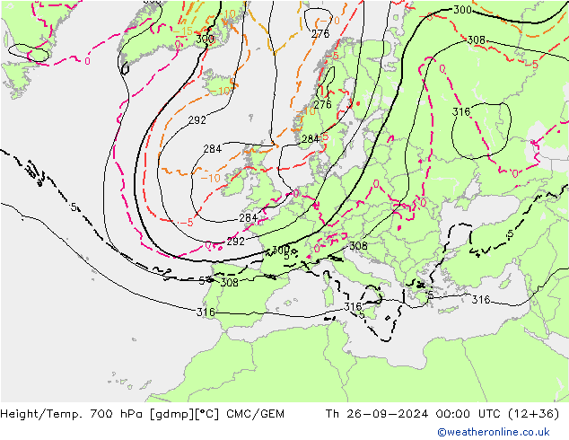 Geop./Temp. 700 hPa CMC/GEM jue 26.09.2024 00 UTC