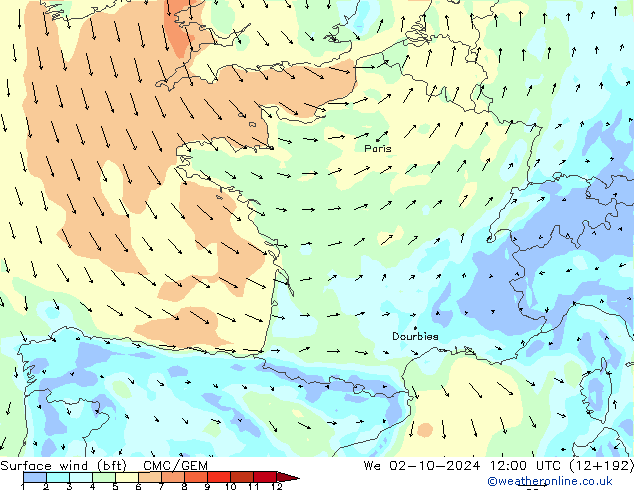 Vento 10 m (bft) CMC/GEM mer 02.10.2024 12 UTC