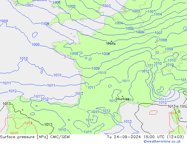 Atmosférický tlak CMC/GEM Út 24.09.2024 15 UTC