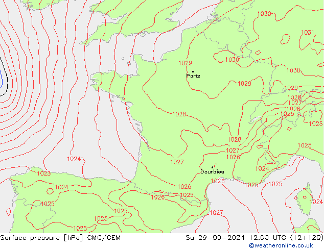 Surface pressure CMC/GEM Su 29.09.2024 12 UTC