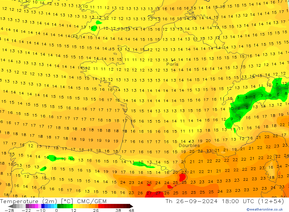 Temperature (2m) CMC/GEM Th 26.09.2024 18 UTC