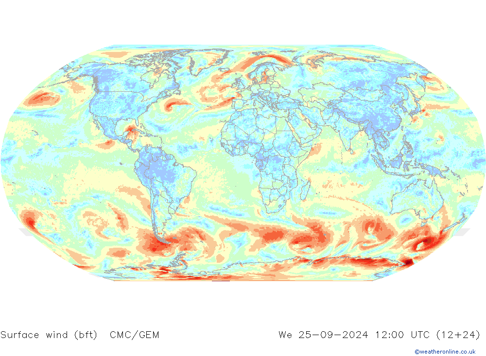 ве�Bе�@ 10 m (bft) CMC/GEM ср 25.09.2024 12 UTC