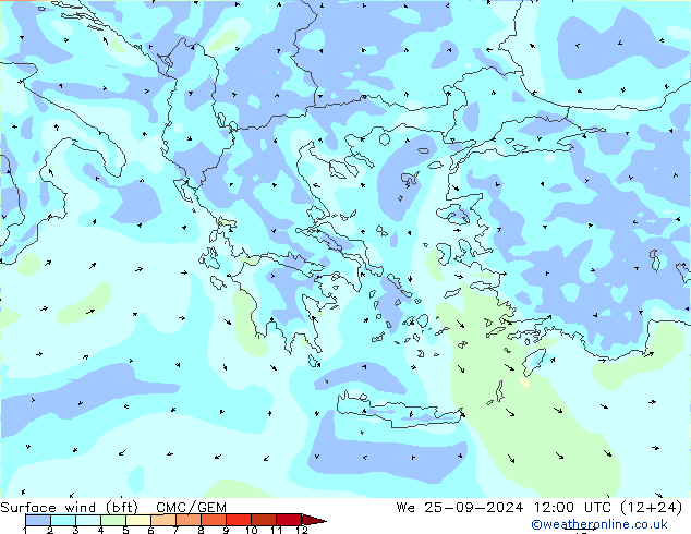 Vent 10 m (bft) CMC/GEM mer 25.09.2024 12 UTC