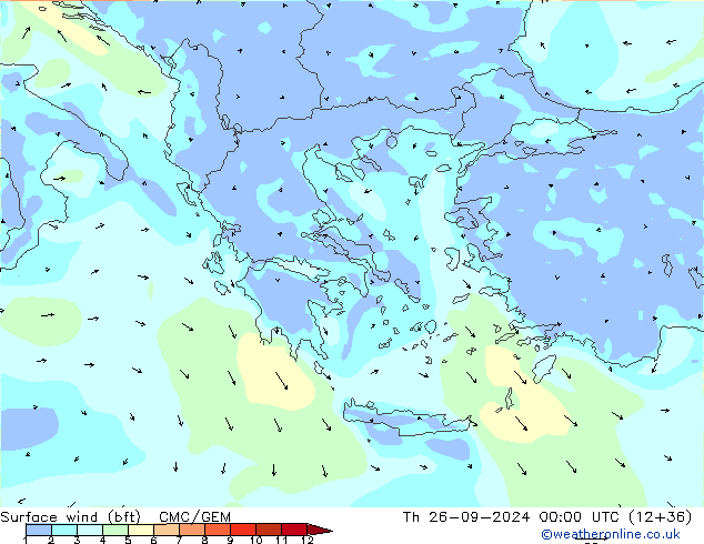 Wind 10 m (bft) CMC/GEM do 26.09.2024 00 UTC