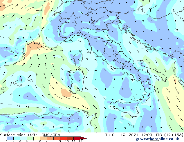 Vento 10 m (bft) CMC/GEM Ter 01.10.2024 12 UTC