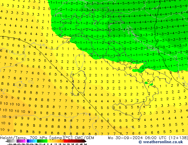 Height/Temp. 700 hPa CMC/GEM Po 30.09.2024 06 UTC