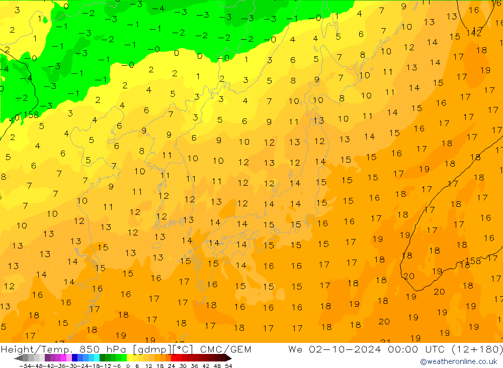 Géop./Temp. 850 hPa CMC/GEM mer 02.10.2024 00 UTC