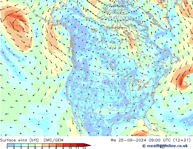 Surface wind (bft) CMC/GEM We 25.09.2024 09 UTC