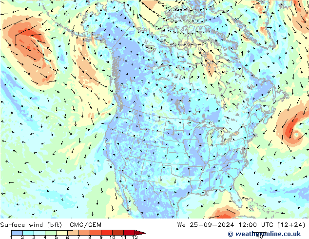 Wind 10 m (bft) CMC/GEM wo 25.09.2024 12 UTC