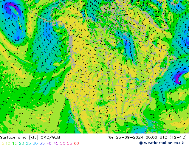 Surface wind CMC/GEM We 25.09.2024 00 UTC