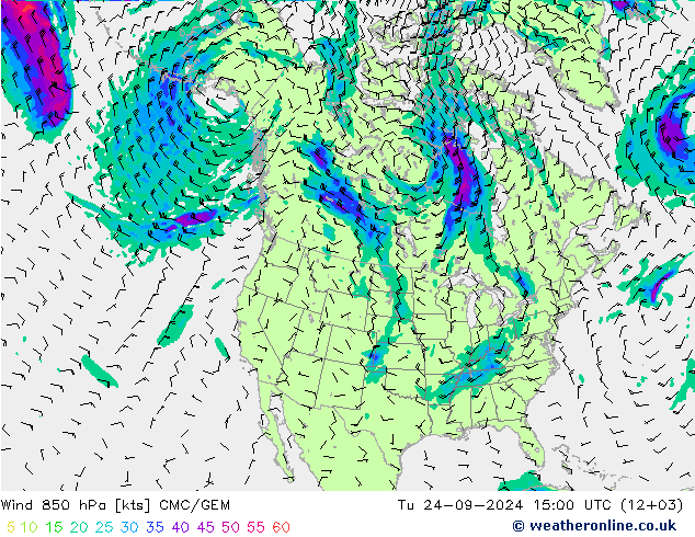 Wind 850 hPa CMC/GEM Út 24.09.2024 15 UTC