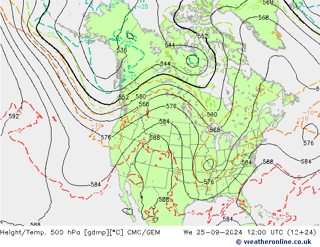 Height/Temp. 500 гПа CMC/GEM ср 25.09.2024 12 UTC