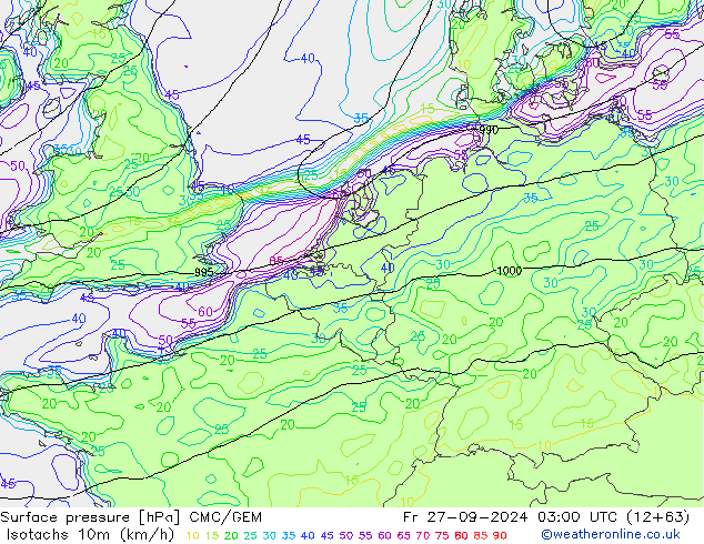 Isotachs (kph) CMC/GEM  27.09.2024 03 UTC