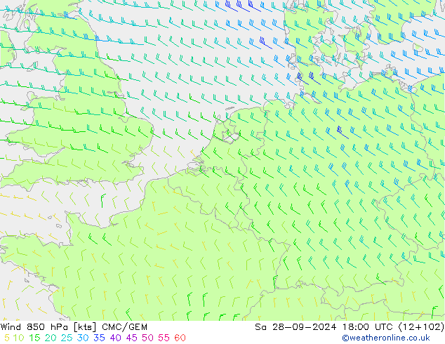 Viento 850 hPa CMC/GEM sáb 28.09.2024 18 UTC