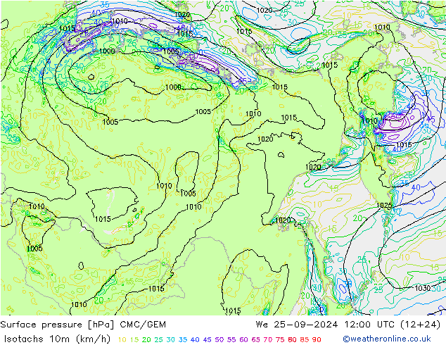 Isotachs (kph) CMC/GEM mer 25.09.2024 12 UTC