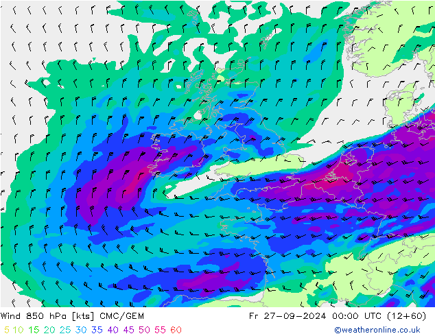 Wind 850 hPa CMC/GEM Fr 27.09.2024 00 UTC