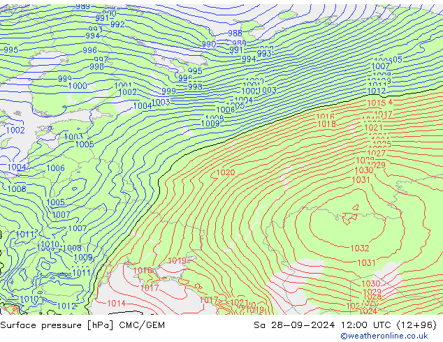 Atmosférický tlak CMC/GEM So 28.09.2024 12 UTC