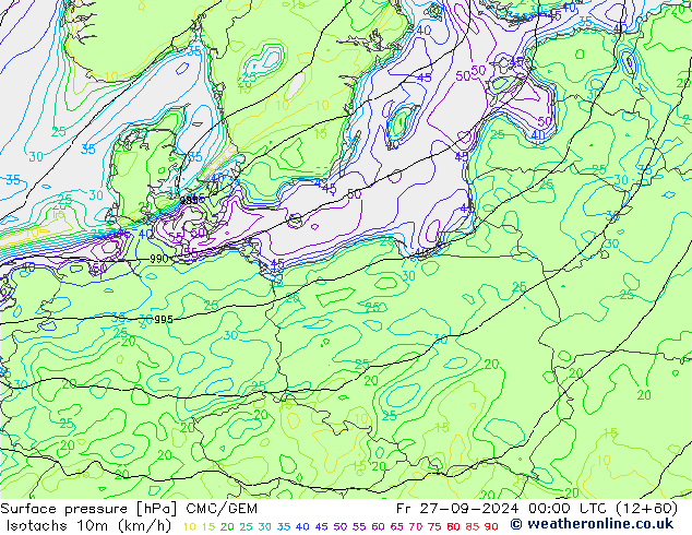 Isotachs (kph) CMC/GEM Fr 27.09.2024 00 UTC