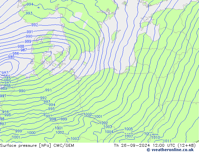 Atmosférický tlak CMC/GEM Čt 26.09.2024 12 UTC