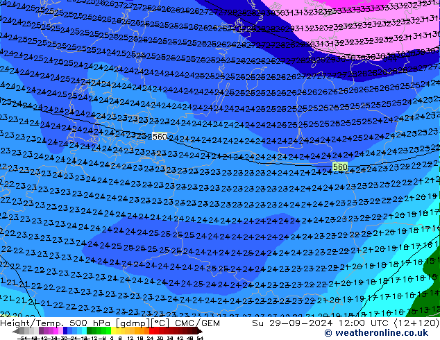 Yükseklik/Sıc. 500 hPa CMC/GEM Paz 29.09.2024 12 UTC