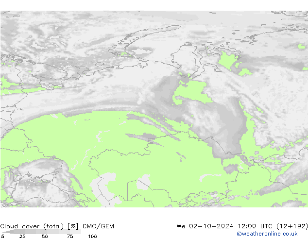 Cloud cover (total) CMC/GEM We 02.10.2024 12 UTC