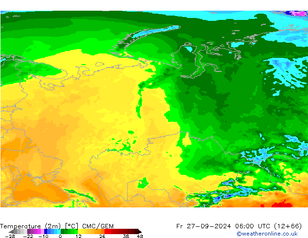 Temperatuurkaart (2m) CMC/GEM vr 27.09.2024 06 UTC