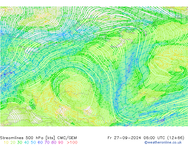 Streamlines 500 hPa CMC/GEM Fr 27.09.2024 06 UTC