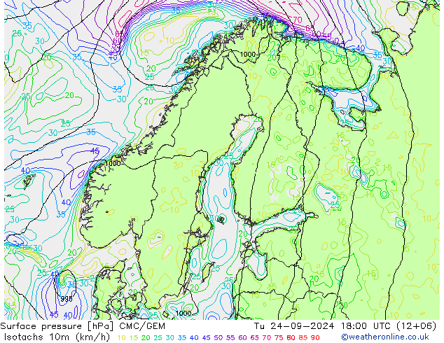 Isotachen (km/h) CMC/GEM Di 24.09.2024 18 UTC