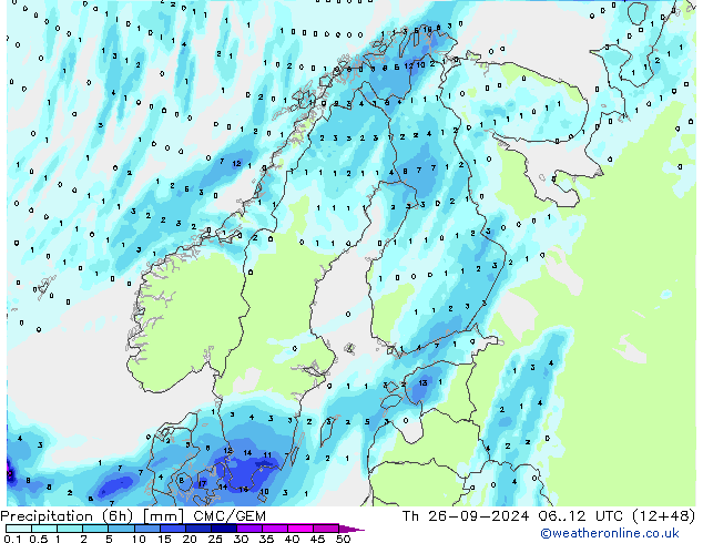 Precipitation (6h) CMC/GEM Th 26.09.2024 12 UTC