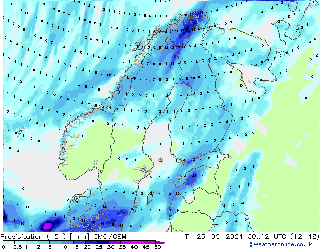 Totale neerslag (12h) CMC/GEM do 26.09.2024 12 UTC