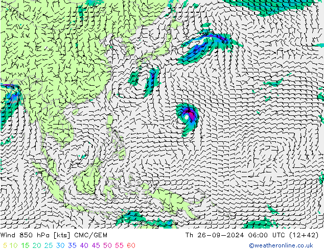 Wind 850 hPa CMC/GEM Th 26.09.2024 06 UTC