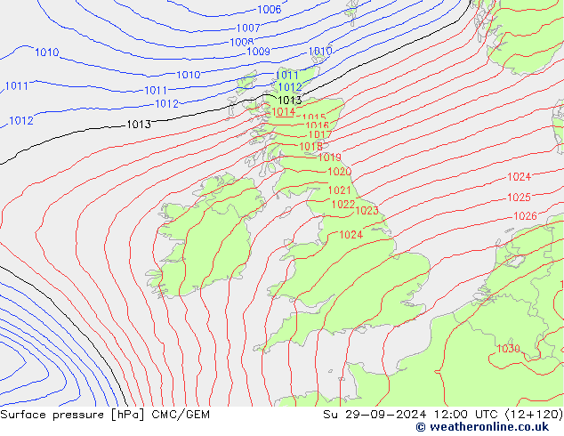 Surface pressure CMC/GEM Su 29.09.2024 12 UTC