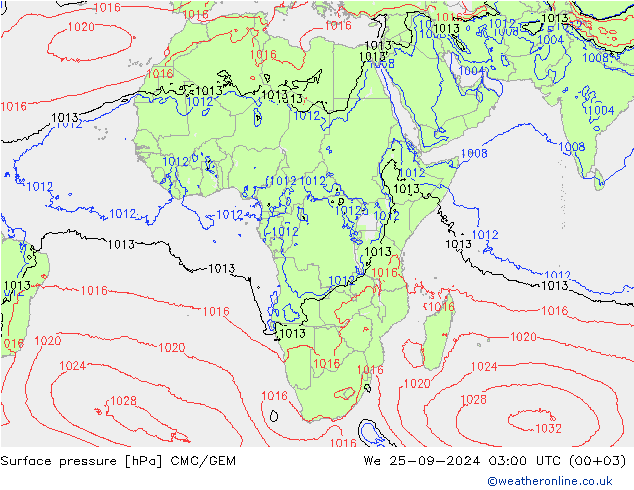 Atmosférický tlak CMC/GEM St 25.09.2024 03 UTC