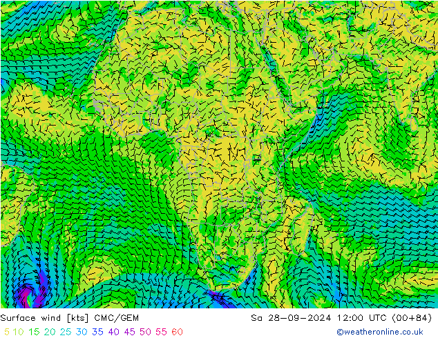 Vento 10 m CMC/GEM sab 28.09.2024 12 UTC