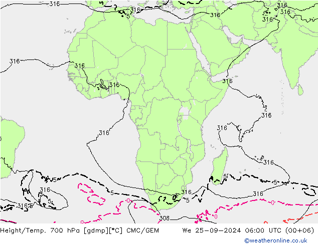 Height/Temp. 700 hPa CMC/GEM Qua 25.09.2024 06 UTC