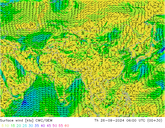 Surface wind CMC/GEM Čt 26.09.2024 06 UTC