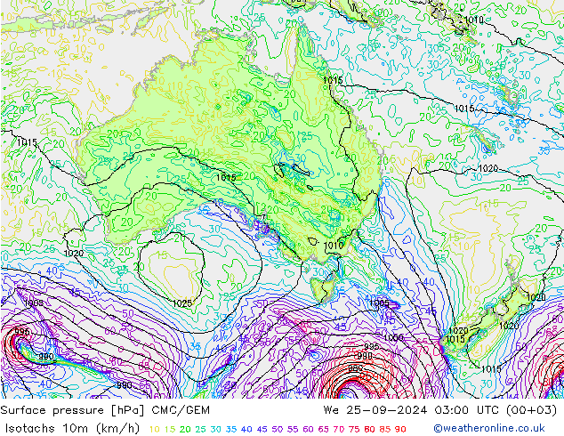 Isotachs (kph) CMC/GEM Qua 25.09.2024 03 UTC